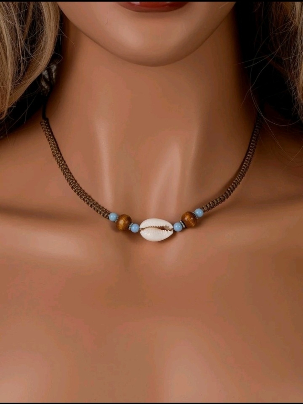 Handmade Shell & Bead Choker Necklace in White, Brown, and Light Blue